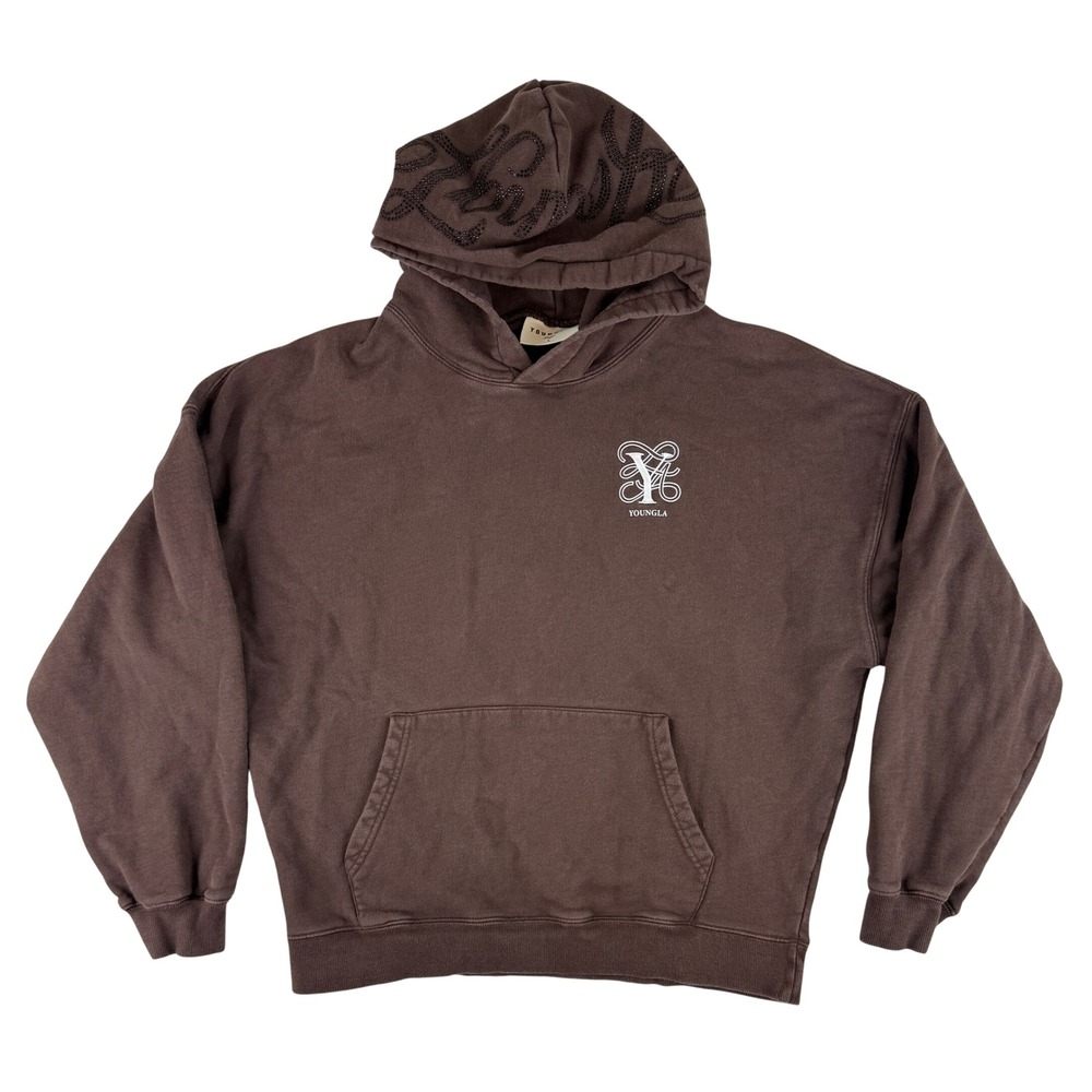 YoungLA Hoodie Mens L Brown Rhinestone Hood Graphic Embroidered Logo 564